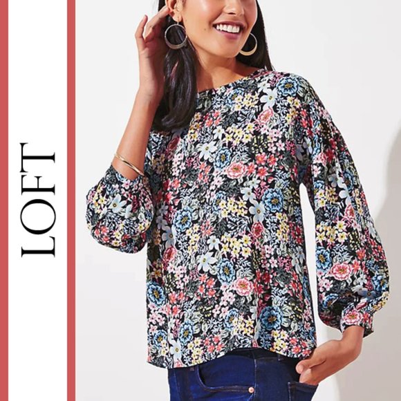 LOFT | 'Floral Bouquet' Mixed Media Blouse Top - Picture 1 of 12